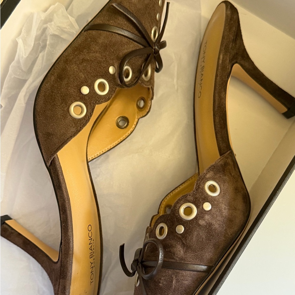 Tony Bianco Brown Suede Mid-Heel Pumps with Eyelet Detail